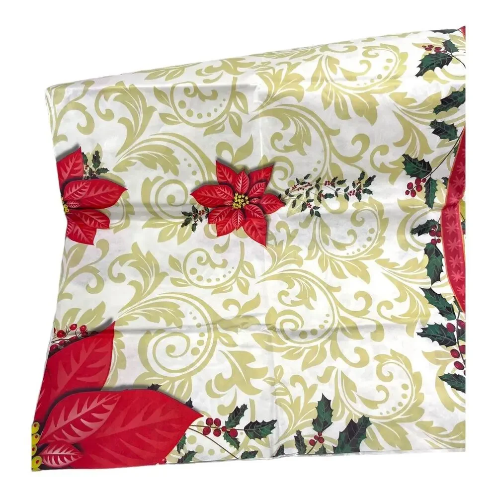 Vtg Christmas Poinsettia Paper Tablecloth 70